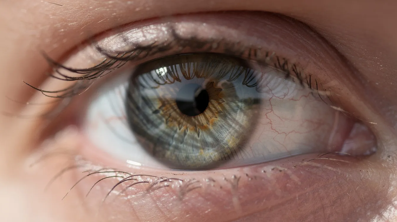 Close-up de um olho humano, destacando a íris com detalhes nítidos e um reflexo de luz natural. A imagem ilustra a complexidade da visão, que pode ser afetada por condições como a presbiopia, dificultando o foco em objetos próximos e causando sintomas como cansaço e dores de cabeça.