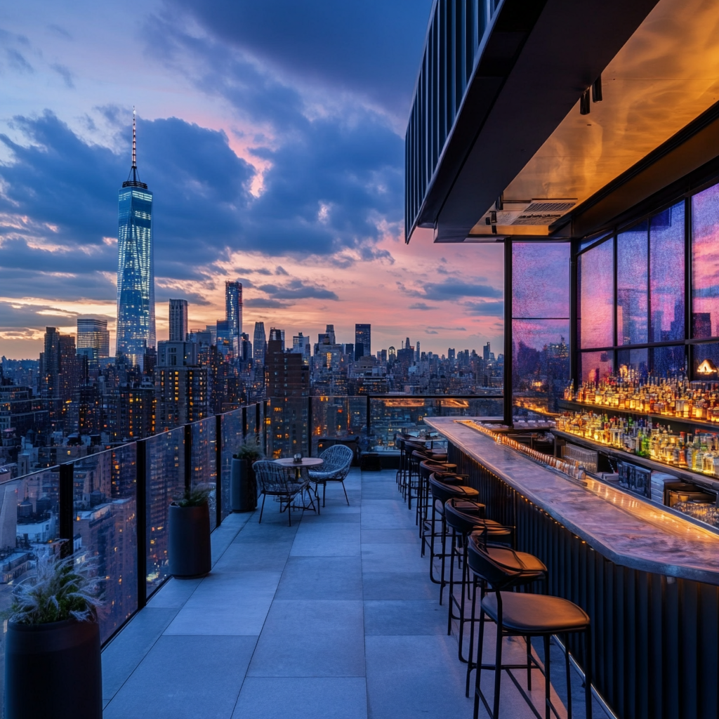 A rooftop bar with stunning city views at sunset, offering a unique twist for tourists seeking memorable experiences in New York.