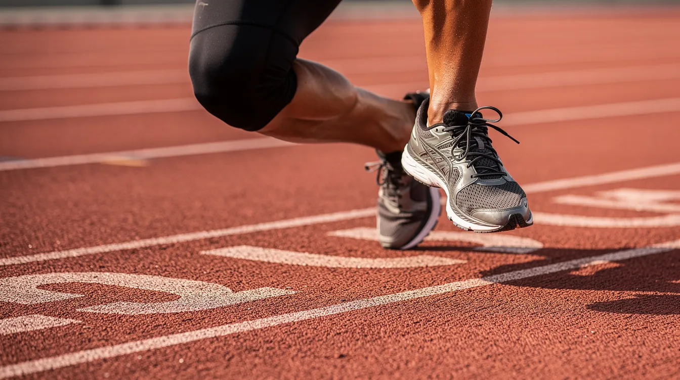 The image shows a close-up of athletic legs clad in workout clothing, positioned on a running track, highlighting well-defined thigh muscles. This depiction emphasizes the importance of body contouring and fitness, particularly for individuals who may be considering thigh lift procedures to address excess skin and enhance their overall appearance after weight loss.