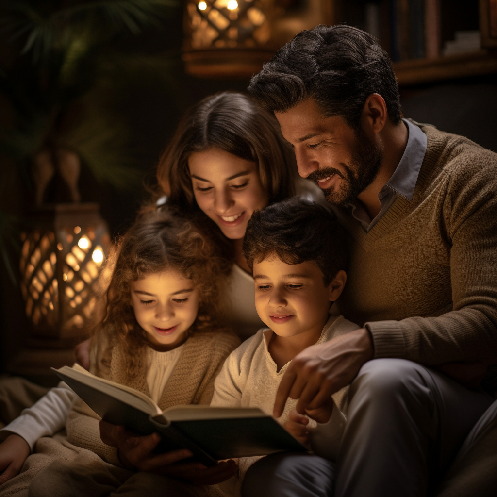 A cozy family moment, reading a book together during the nighttime.