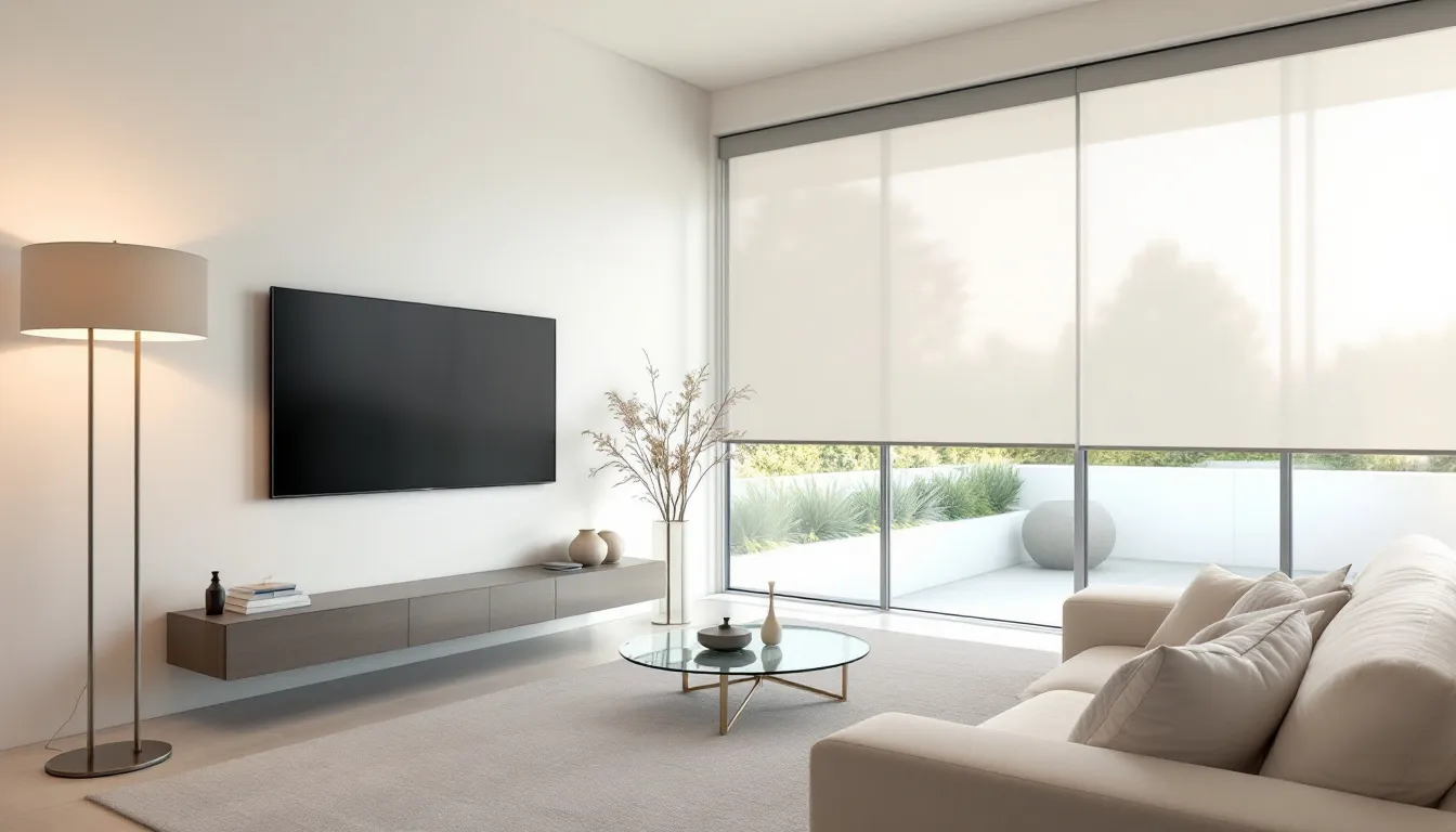 A modern home with motorized window shades integrated into a smart home system.