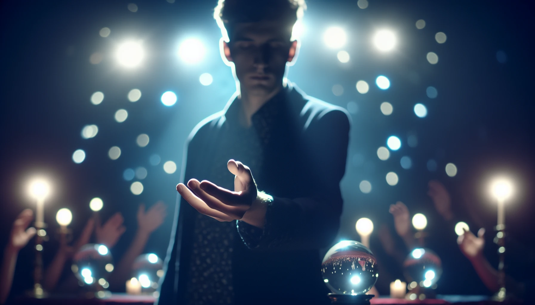 Illustration of a person performing mentalism with blurred crystal balls in the background