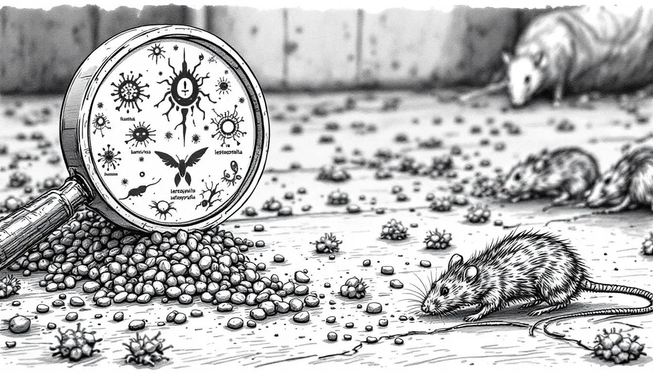 A visual representation of various health risks associated with rat droppings, including a blurred image of rat droppings in the background.
