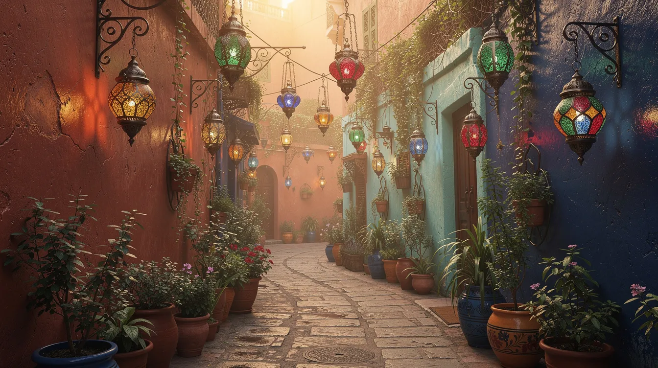 A vibrant narrow alley in a traditional Moroccan medina is adorned with colorful hanging lanterns and lush potted plants, creating a charming atmosphere that reflects the essence of Moroccan culture. This picturesque scene invites visitors to explore the hidden gems of Morocco, making it an ideal spot for travelers seeking cultural immersion and local experiences.