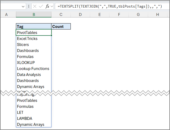 Excel formula to return all tags in separate cells down a column