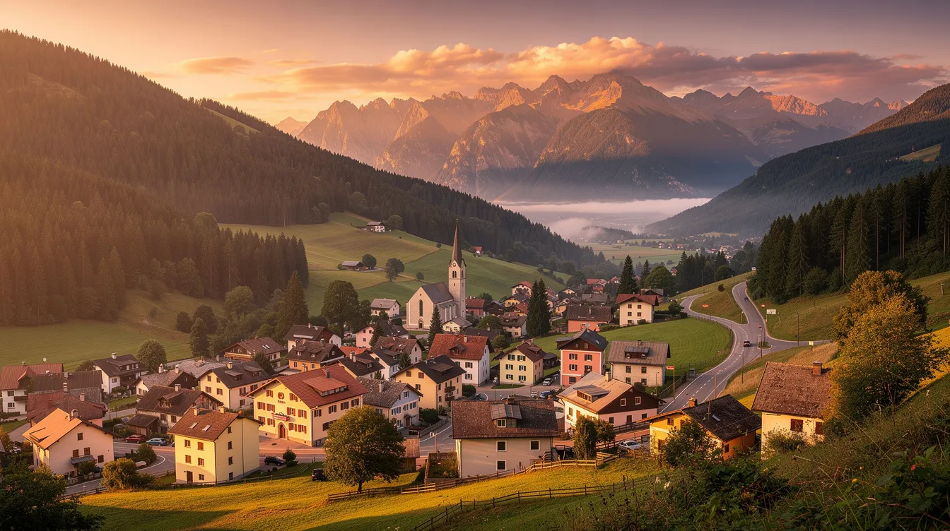 Die Panoramaaufnahme zeigt eine malerische Kleinstadt, umgeben von bewaldeten Bergen, während die Sonne am Horizont untergeht und den Himmel in warmen Farben erleuchtet. Diese idyllische Szene vermittelt ein Gefühl von Frieden und Naturverbundenheit, das an eine ruhige Abendstimmung in der Welt erinnert.