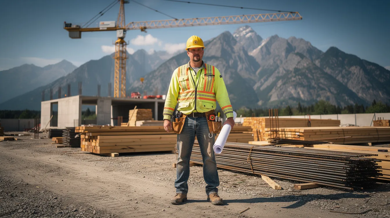 A construction worker wearing a hard hat and safety vest stands at a job site with mountains in the background, emphasizing the importance of safety in the workplace to prevent work-related injuries and potential personal injury claims. The scene reflects the commitment to ensuring that injured workers receive the necessary support and workers compensation benefits.