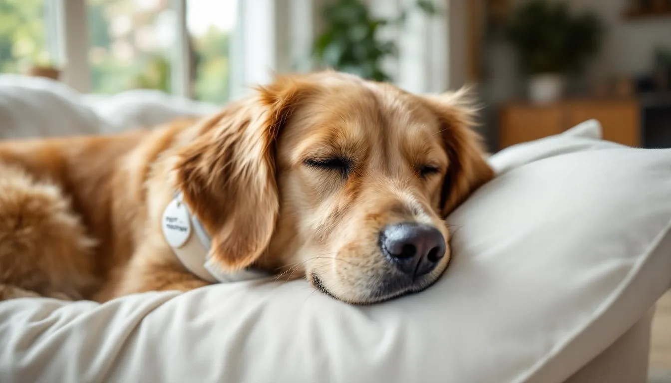 A peaceful dog is resting comfortably after successful treatment for tracheal collapse, showcasing the positive effects of medical management on its respiratory health. The dog appears relaxed, indicating relief from previous breathing difficulties and coughing episodes associated with collapsing trachea in dogs.
