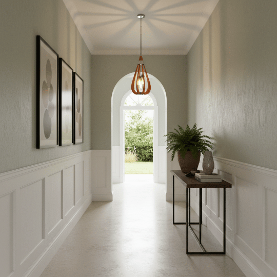 Open timber slat pendant light reducing visual bulk in a narrow hallway.