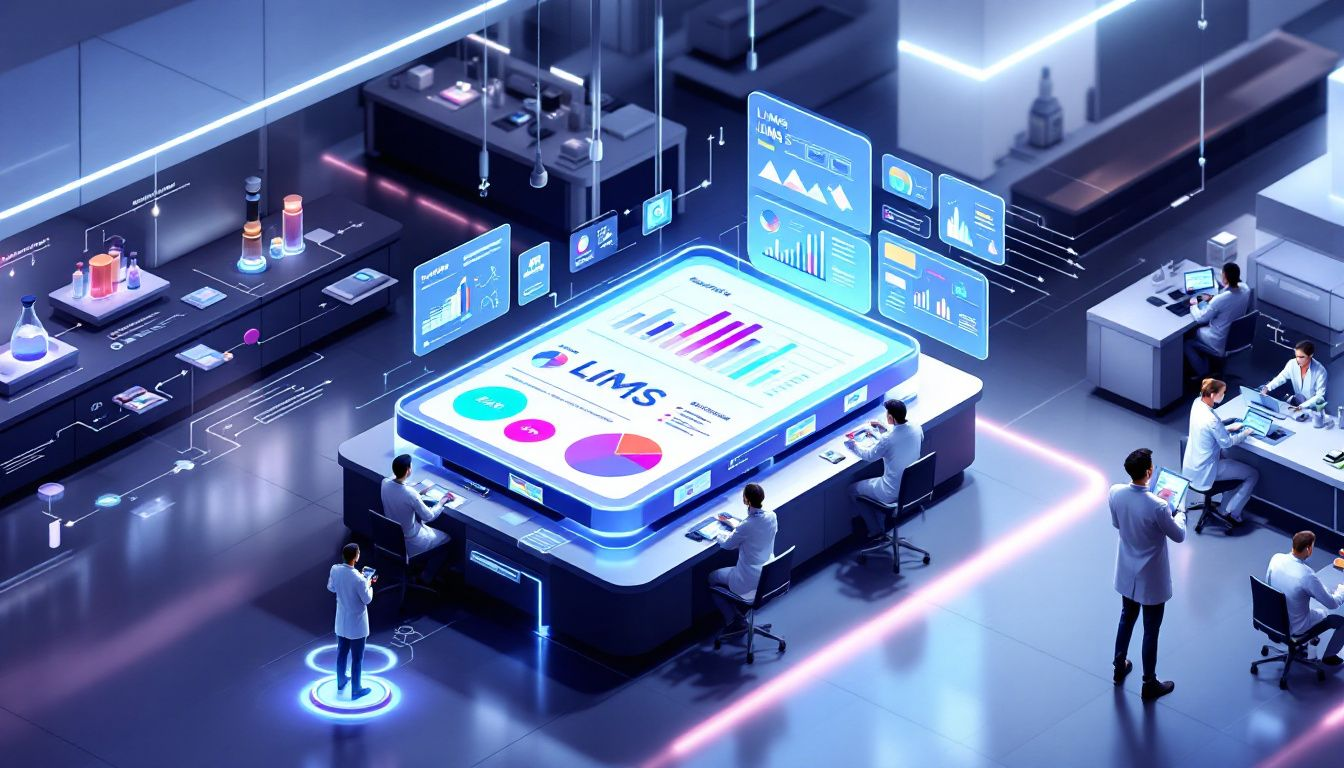A diagram illustrating the benefits of using a LIMS in laboratory settings.