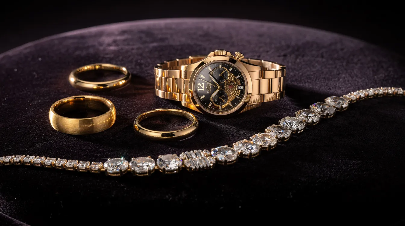 The image features an elegant arrangement of gold rings, a luxury watch, and a sparkling diamond necklace displayed on a rich dark velvet surface, highlighting the beauty and value of these jewelry pieces. This luxurious setup evokes a sense of wealth and financial opportunity, reminiscent of high-value items often found in pawn shops or as collateral for personal loans.