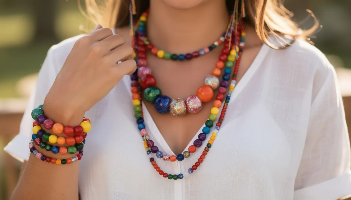 A vibrant beaded necklace featuring stunning rainbow colours showcases individuality and style, perfect for any occasion. This accessory adds a playful touch to outfits while symbolizing friendship and unity, making it a meaningful addition to your jewelry collection.