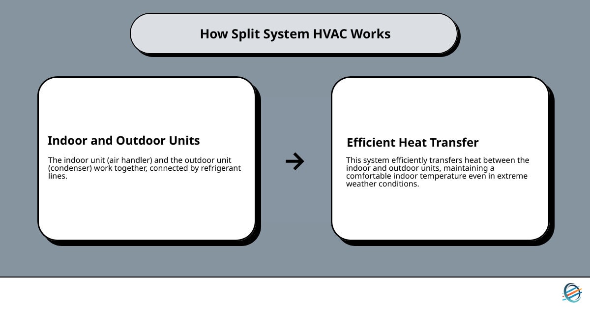 Diagram showing the indoor and outdoor units of a split system HVAC and the flow of refrigerant lines - what is a split system hvac infographic 