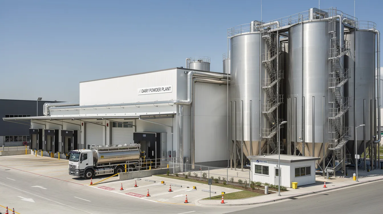e0acb95c 3523 4ceb a87a 2526668d36eb The image depicts the exterior of an industrial dairy powder production facility, featuring large storage silos and a loading area for transporting whey protein and other dairy products. This manufacturing plant is equipped to handle various processes involved in whey protein production, including the storage of raw materials and distribution of whey protein powder.