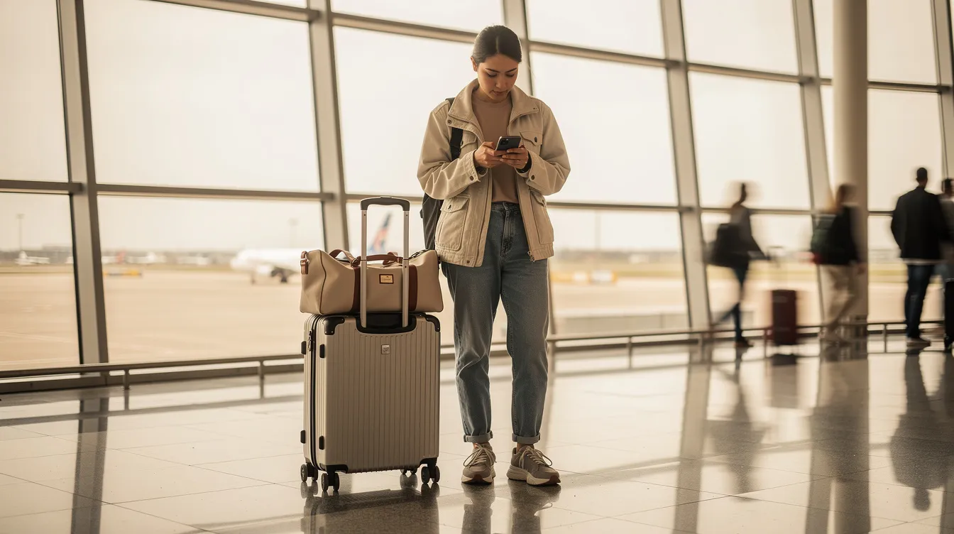 A person is sitting next to travel luggage, focused on their smartphone, which they are using to manage emails and communicate effectively while on the go. This scene highlights the integration of mobile devices in business communication and office management during travel.