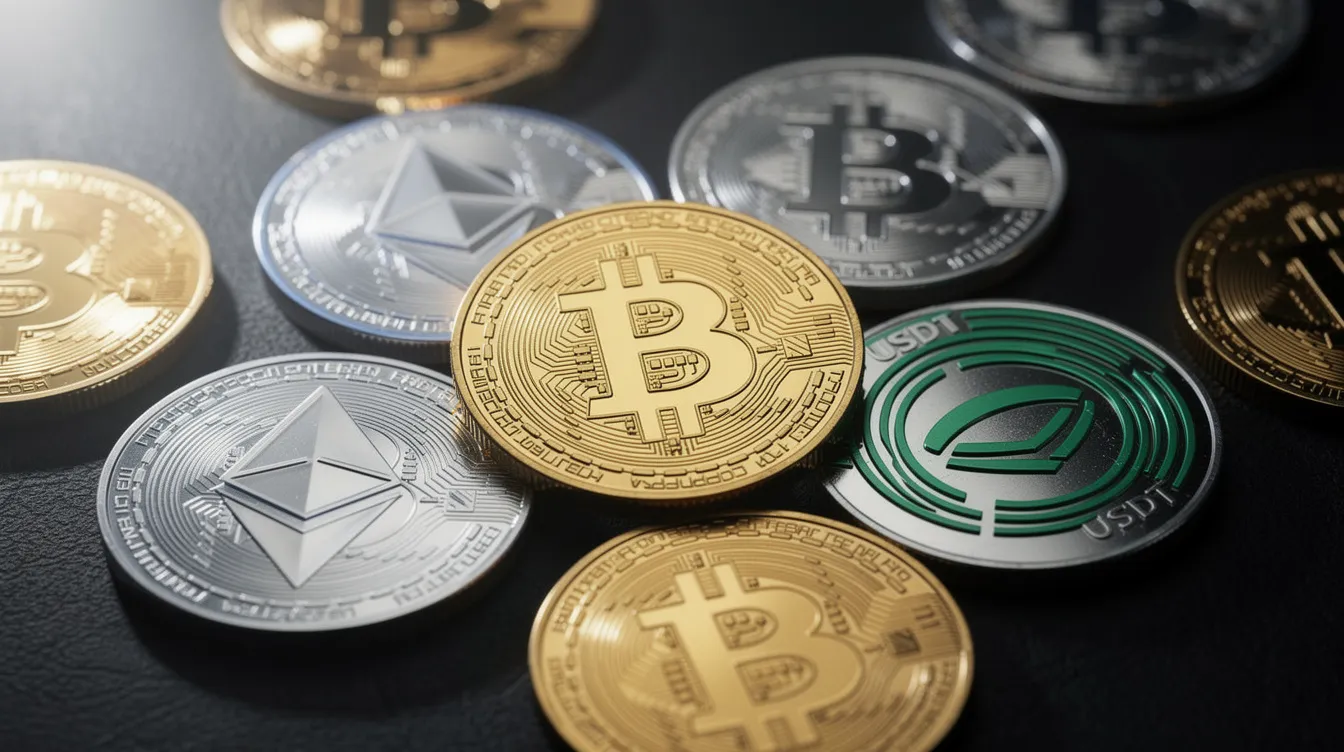 Na tmavém pozadí jsou zobrazeny různé kryptoměnové mince, včetně Bitcoinu, Etherea a USDT, což symbolizuje rostoucí popularitu digitálních měn v kontextu zahraničních sázkových kanceláří. Tyto měny se stávají stále častějšími platebními metodami pro hráče, kteří hledají nové možnosti sázení.