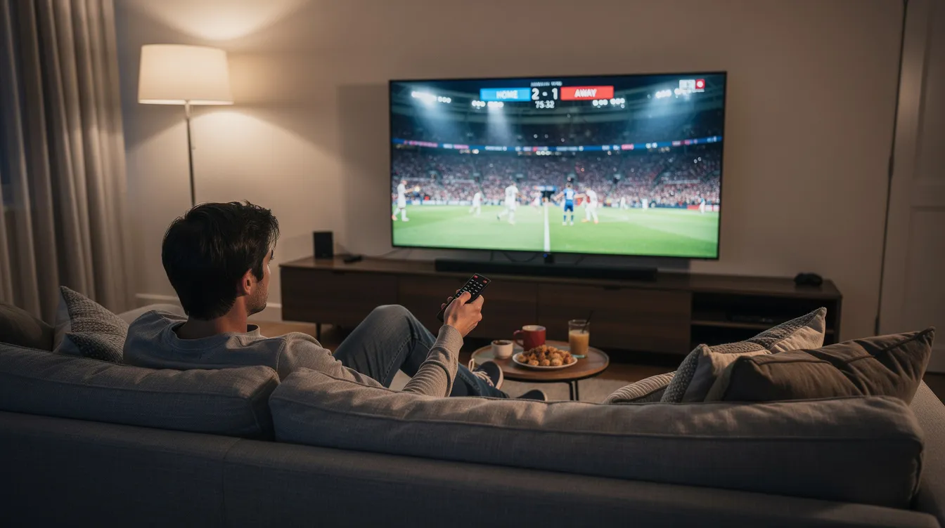 A person is comfortably seated on a couch, holding a remote control, while a large television in the background displays a live sports broadcast, showcasing the excitement of watching live TV channels through IPTV services. The scene captures the essence of modern entertainment with high-definition streaming and the convenience of internet protocol television.