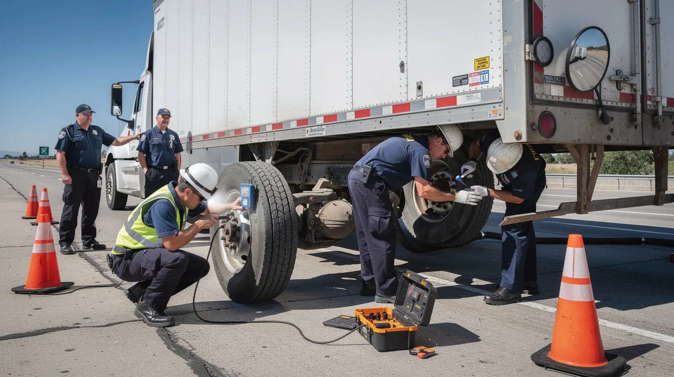 CVSA Roadcheck: The image illustrates a CVSA inspection scene, featuring certified inspectors examining a commercial vehicle for compliance with safety regulations. Key focus areas include brake systems, cargo securement, and driver logs, highlighting the importance of preventive maintenance and adherence to hours of service compliance.