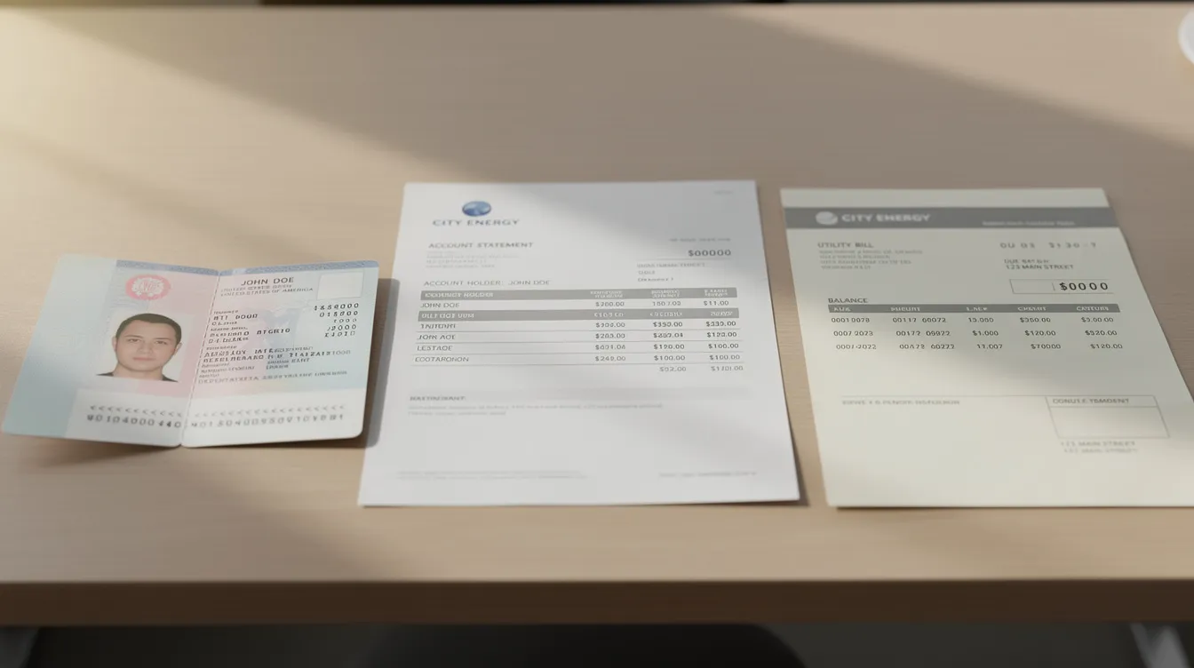 The image shows a neatly arranged passport, bank statement, and utility bill on a desk, which can serve as essential documents for applying for a NI number in the UK. These items may be required for verifying personal details and employment status in the application process.