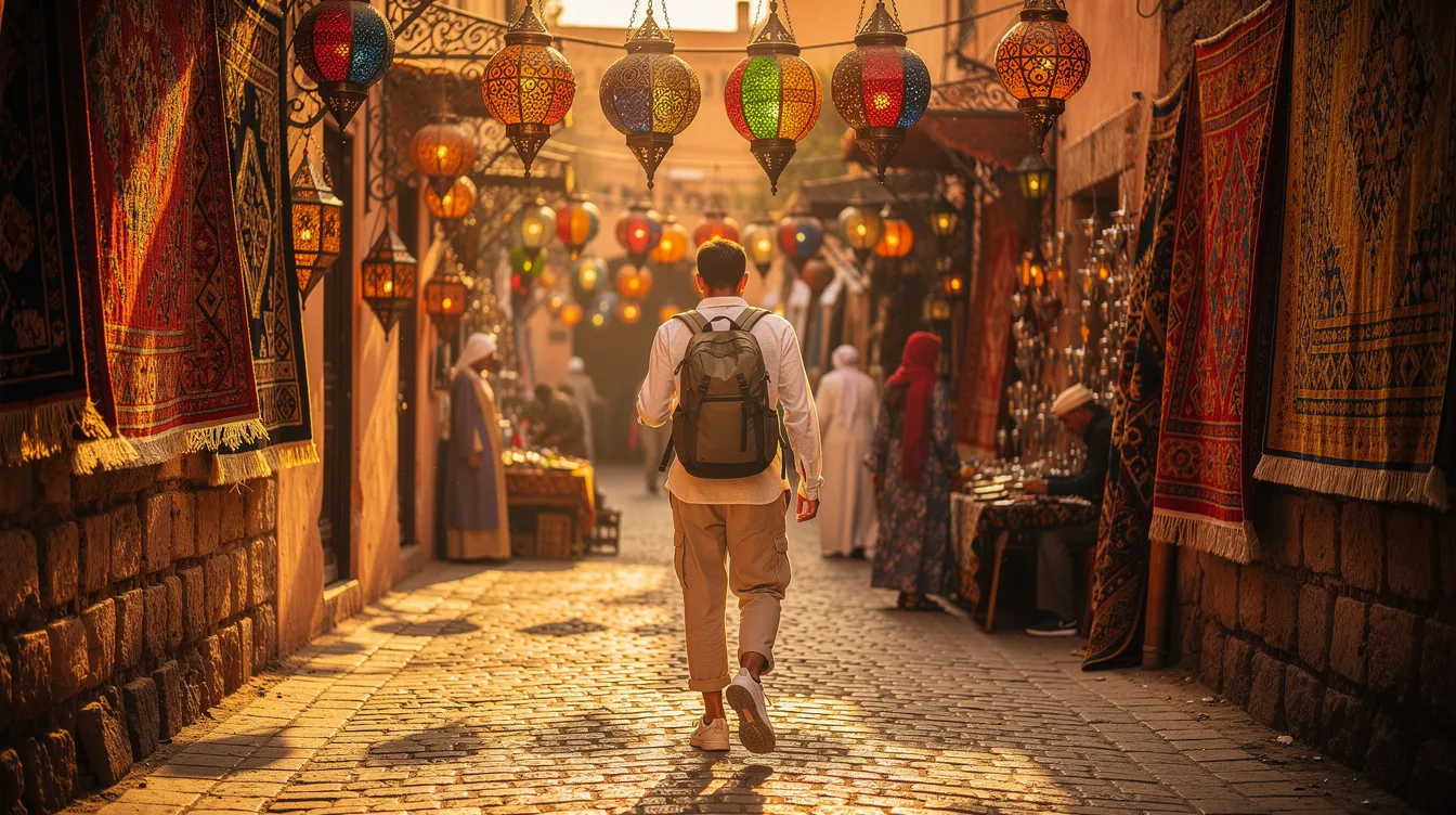 A traveler is enjoying a walking tour through the vibrant souk of Marrakesh, surrounded by colorful lanterns and richly patterned textiles. The lively atmosphere is enhanced by the sounds of vendors selling food and the sight of fellow travelers exploring the charming streets of this UNESCO World Heritage site.