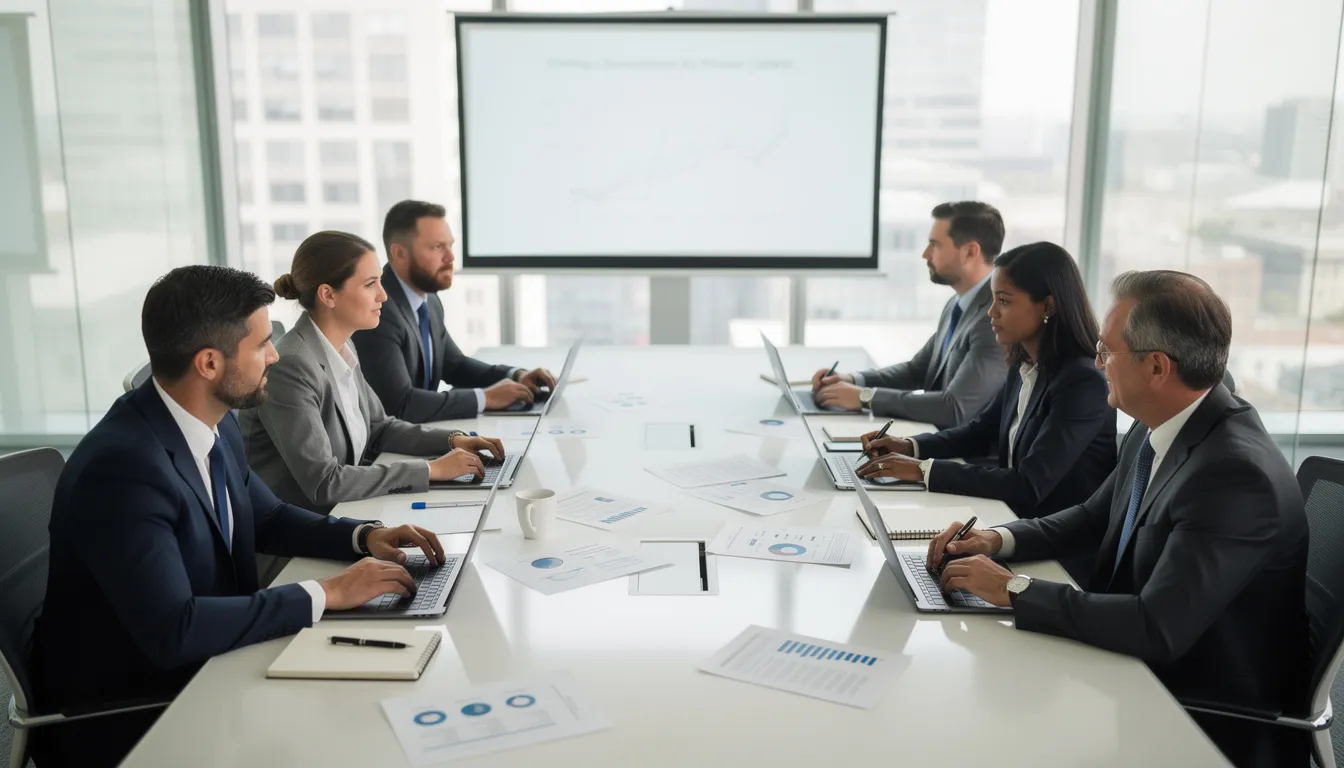A professional team is gathered around a conference table, discussing important documents and laptops, likely focusing on strategies for retirement plans and investment advice. The atmosphere suggests collaboration and planning for clients' future financial success.