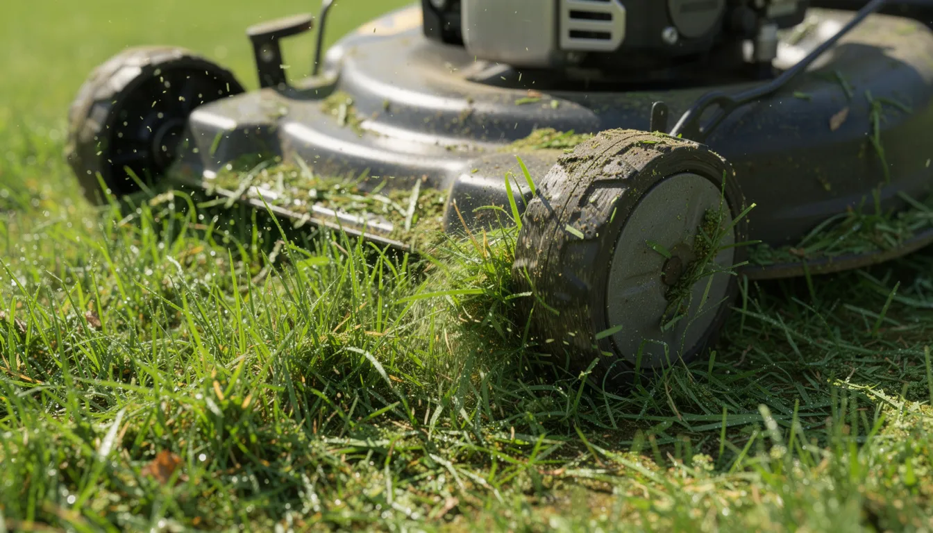 A close-up image of a lawn mower with sharp blades cutting through lush, green grass, leaving behind fresh clippings on the ground. This scene highlights the importance of regular mowing for maintaining a healthy lawn and preventing weed growth.