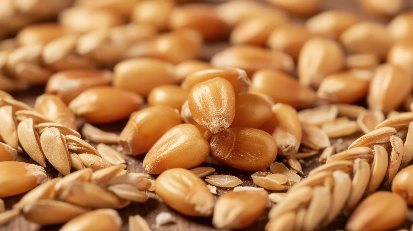 e0b50b1f 8d6a 42e1 814c c6a1c95f39a6 A close-up image showcases golden wheat kernels and grains spread across a surface, highlighting the various parts of the wheat plant, including the seed coat and bran. This visual representation emphasizes the quality and composition of wheat grains, essential for the processing of flour and maida in the milling industry.