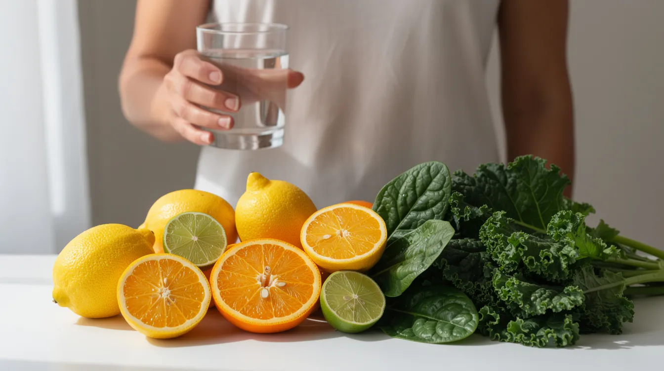 A person is holding a clear glass of water next to an assortment of fresh citrus fruits and leafy greens, symbolizing a natural approach to digestive health and colon cleanse. This vibrant display highlights the importance of incorporating nutrient-rich foods and hydration for optimal gut health and wellness.