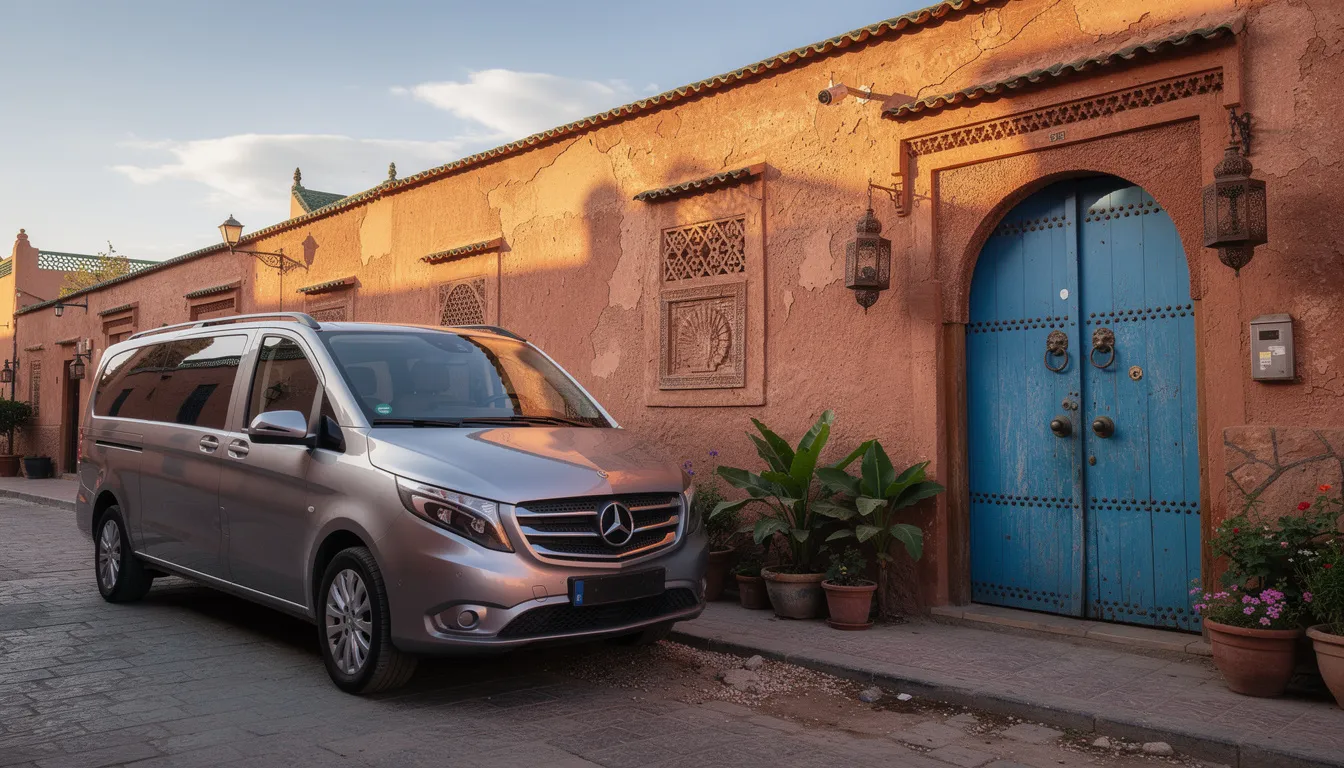 A Mercedes van is parked outside a traditional Moroccan riad, characterized by its warm terracotta walls and vibrant blue doors, suggesting a perfect spot for travelers seeking quality car rental services during their Morocco trip. The scene captures the essence of Moroccan architecture, inviting visitors to explore the hidden gems of the country.