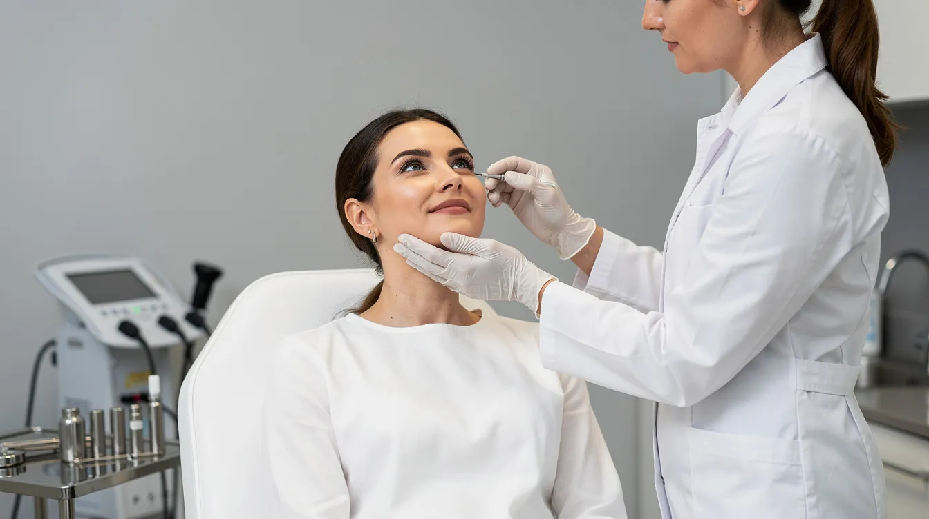 The image shows a woman sitting in a clinical setting as a provider examines her face prior to treatment, focusing on restoring facial volume and improving skin quality. This consultation may involve discussing options like Sculptra or Radiesse, both of which stimulate the body's natural collagen production for gradual rejuvenation.