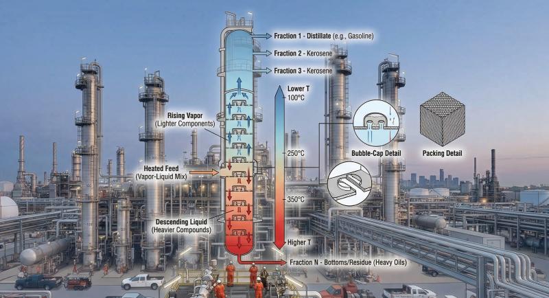 industrial fractional distillation column diagram showing vapor liquid flow and temperature gradient