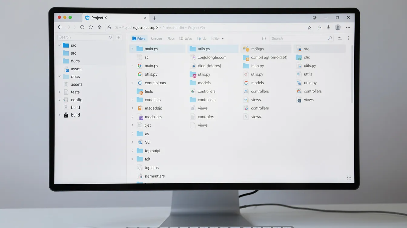 The image depicts a computer screen showcasing an organized project folder structure, featuring clearly labeled directories and files that facilitate efficient task management. This setup exemplifies best practices for maintaining a coding agent's workflow, making it easier to access documentation and complete tasks within a coding environment.