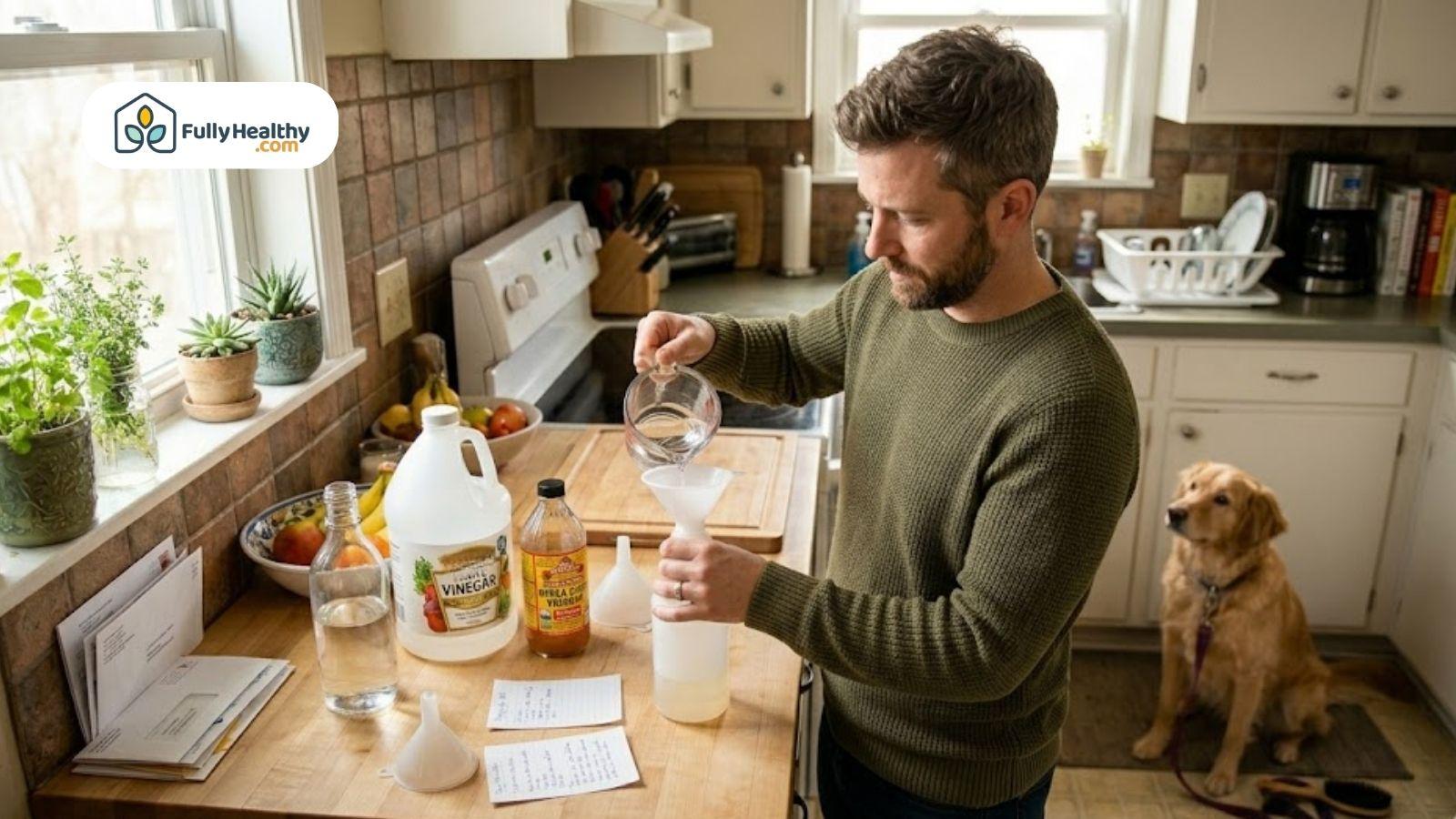Man mixing vinegar and water in spray bottle for flea control at home.