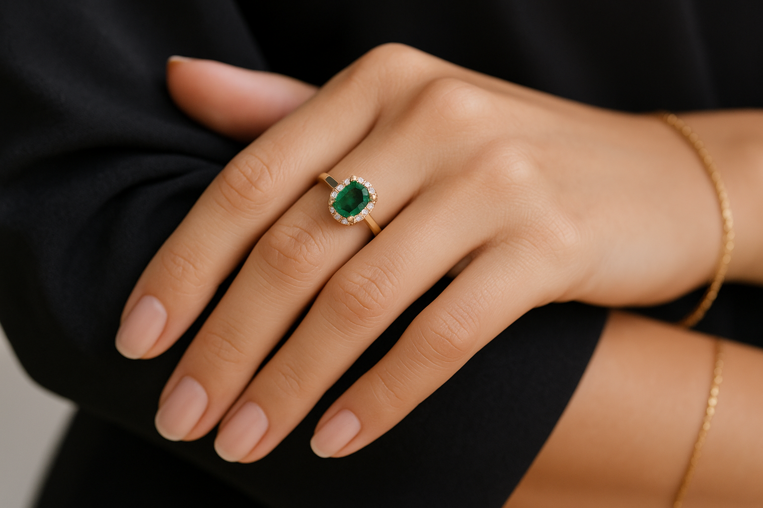 Žiedas su smaragdu ir deimantais ant piršto