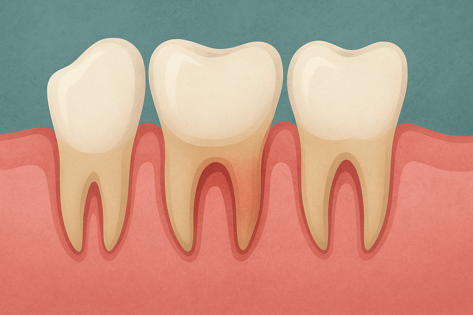 Tannkjøttet Trekker Seg Tilbake: Smil Med Lengre Tenner? 11 Illustrasjon av tannkjøtt som har trukket seg tilbake og blottlagt tannrøtter, noe som gir inntrykk av lengre tenner.