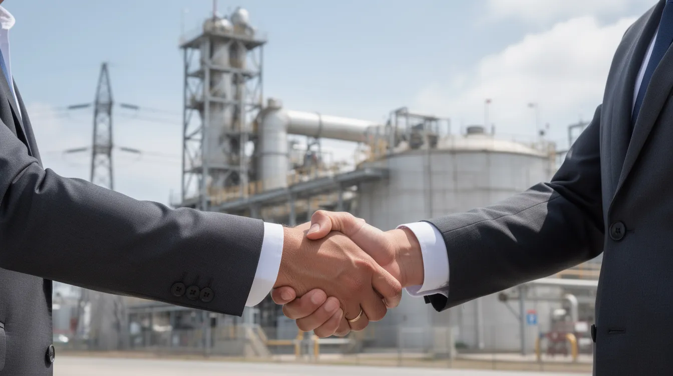 The image depicts a professional handshake between two business people, symbolizing a successful partnership in the energy industry, with an industrial energy facility, possibly related to renewable energy or natural gas, visible in the background. This scene reflects the collaboration and energy transactions that are essential in the rapidly changing energy sector.
