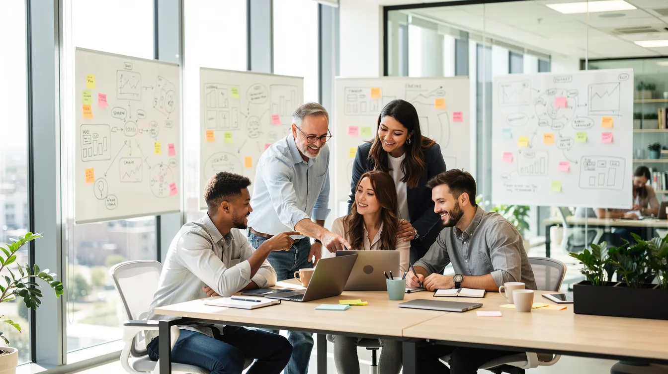 Une équipe diversifiée collabore dans un bureau moderne et lumineux, entourée de laptops et de tableaux blancs, illustrant l'importance de la communication et du management d'équipe efficace dans le cadre du travail quotidien. Les membres de l'équipe échangent des idées, mettant en avant la cohésion et le bien-être au sein de l'entreprise.