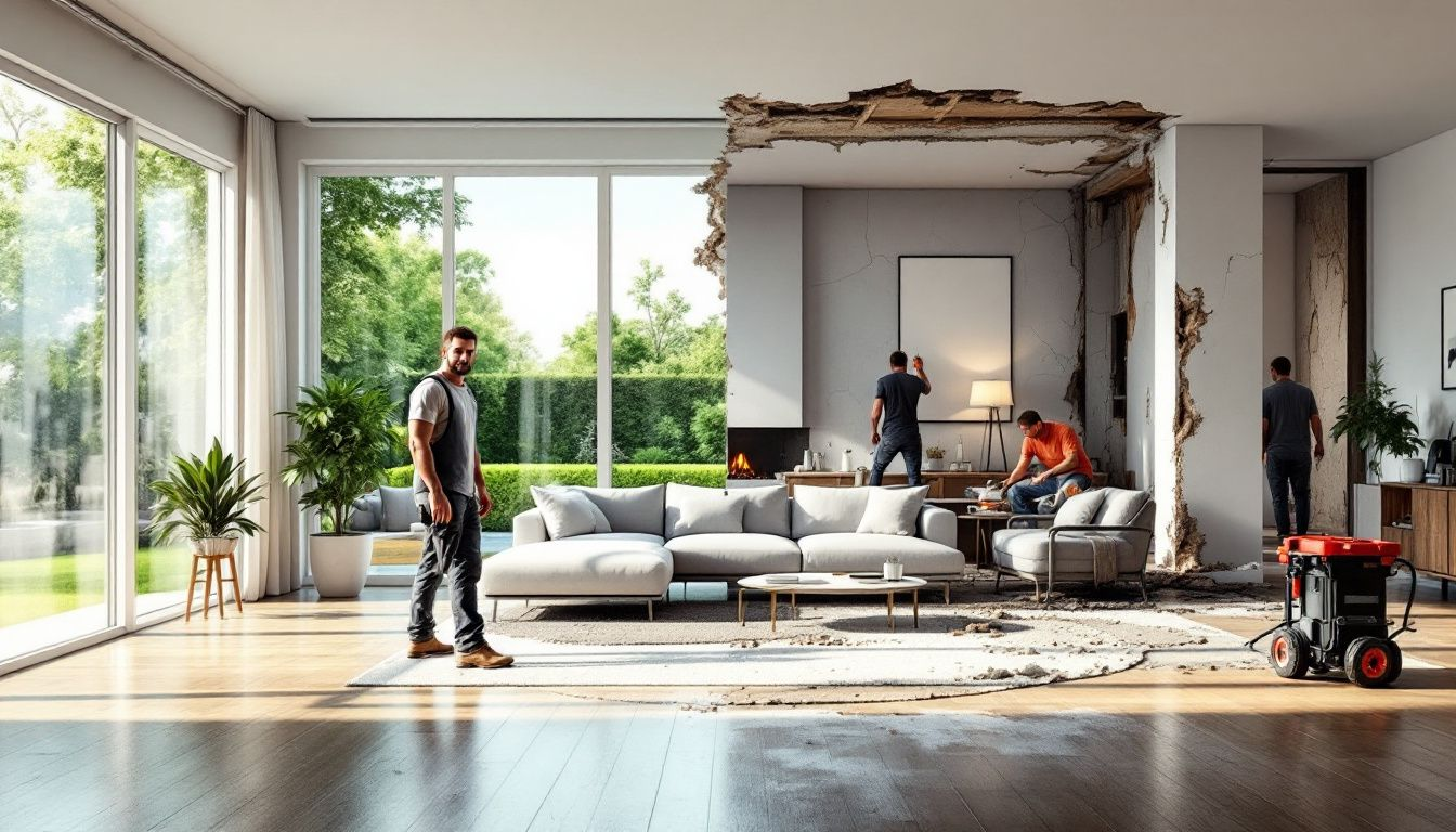An illustration showing the effects of water damage in a home, highlighting structural damage.