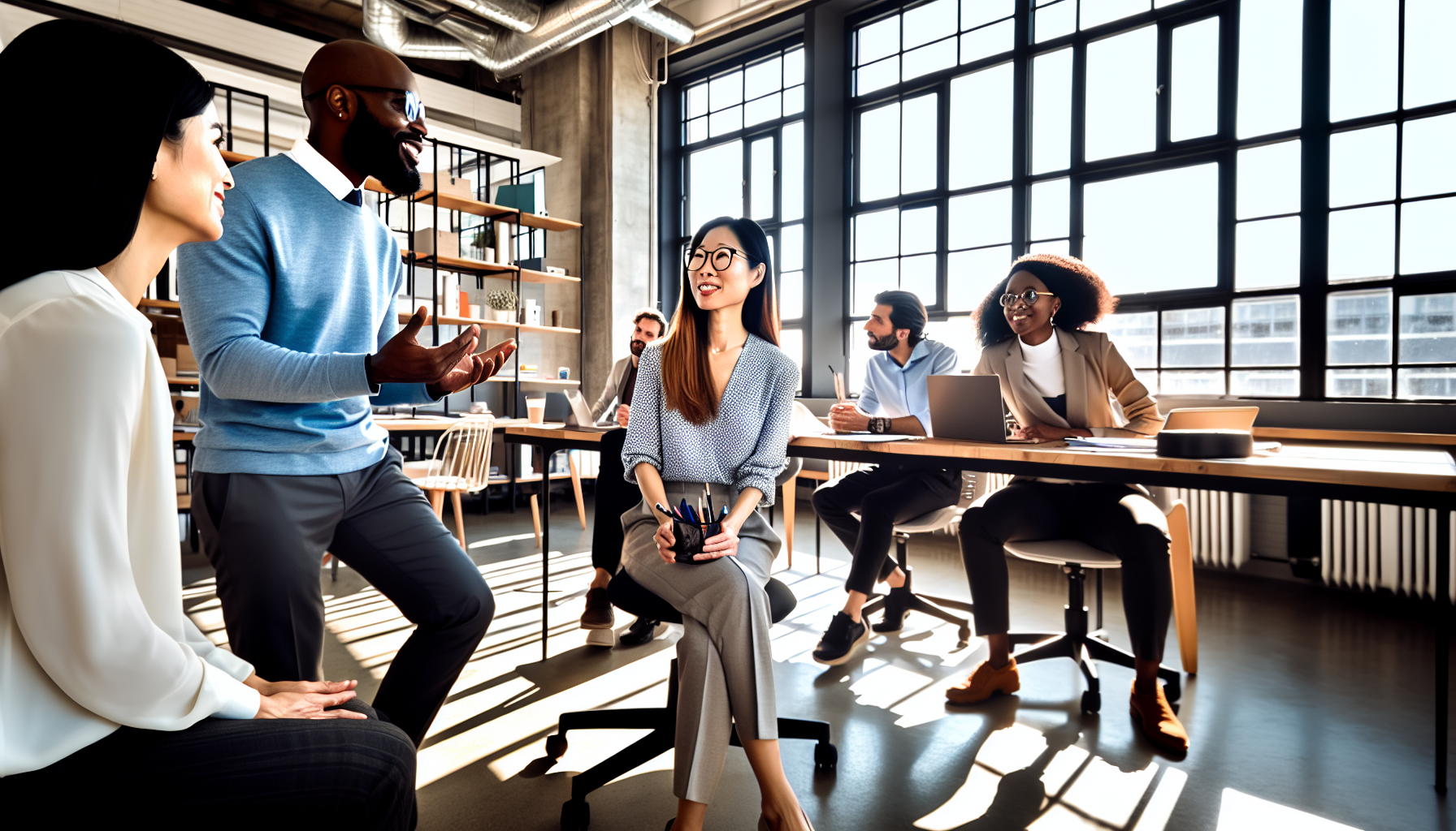 A diverse team collaborating in a modern office setting