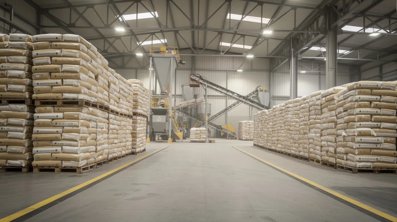 The image shows stacks of wheat grain bags neatly stored in a spacious warehouse, with conveyor equipment in the background indicative of a roller flour mill plant. This setting highlights the efficient storage and handling of raw materials essential for maintaining consistent flour quality in food processing machines.