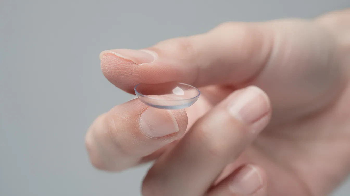 Uma mão segura uma lente de contato gelatinosa transparente na ponta do dedo indicador, destacando a praticidade e a qualidade desse produto para correção da visão. O fundo neutro ressalta a lente, que é uma opção popular entre diferentes tipos de lentes de contato, como as da marca Air Optix.
