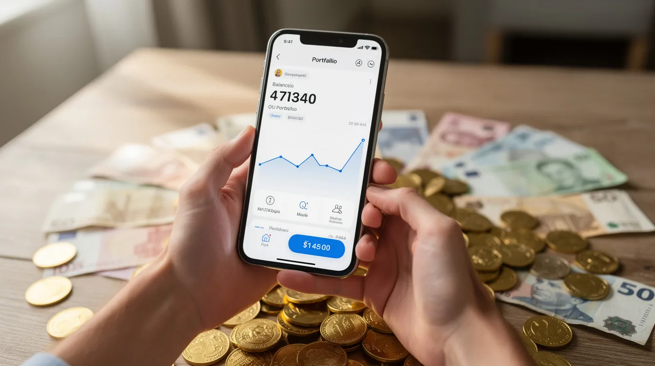 The image shows a pair of hands holding a mobile phone displaying a financial app, with nearby coins and banknotes on a table, symbolizing the ease of transferring money through services like Kerala Gramin Bank's remittance facility. This visual emphasizes the convenience of managing finances and accessing banking features directly from a mobile device.