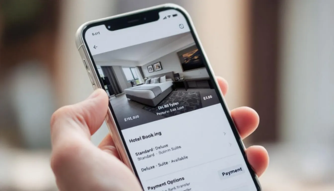 A smartphone screen displays a user-friendly hotel booking interface, showcasing room selection options and an online payment portal, highlighting the features of a comprehensive hotel reservation system designed to manage bookings seamlessly. The layout emphasizes room availability and rates, facilitating direct reservations for users in the hospitality industry.