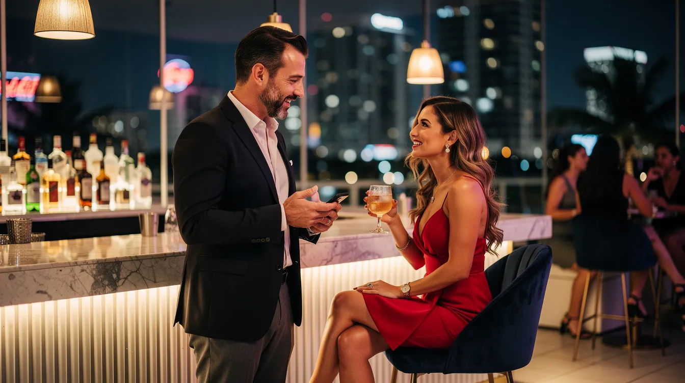 A man is sitting at an upscale lounge in Miami, leaning towards a woman and engaging in conversation as he asks her for her phone number. The setting is elegant, with dim lighting and stylish decor, creating an atmosphere conducive to casual dating and connection.