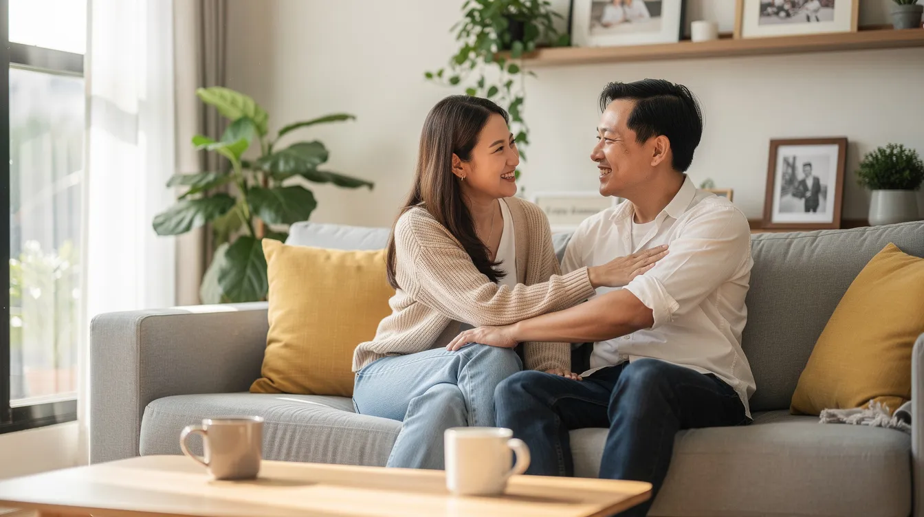 An Asian couple is engaged in an open and honest conversation, showcasing the qualities of a healthy relationship, where both partners feel heard and respected. Their genuine interest in each other's feelings and the positive energy between them exemplifies major green flags for a strong and supportive connection.