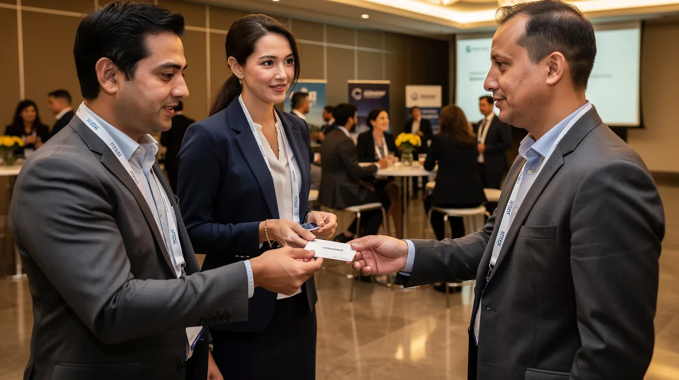 Two professionals exchanging business cards at an indoor networking event.
