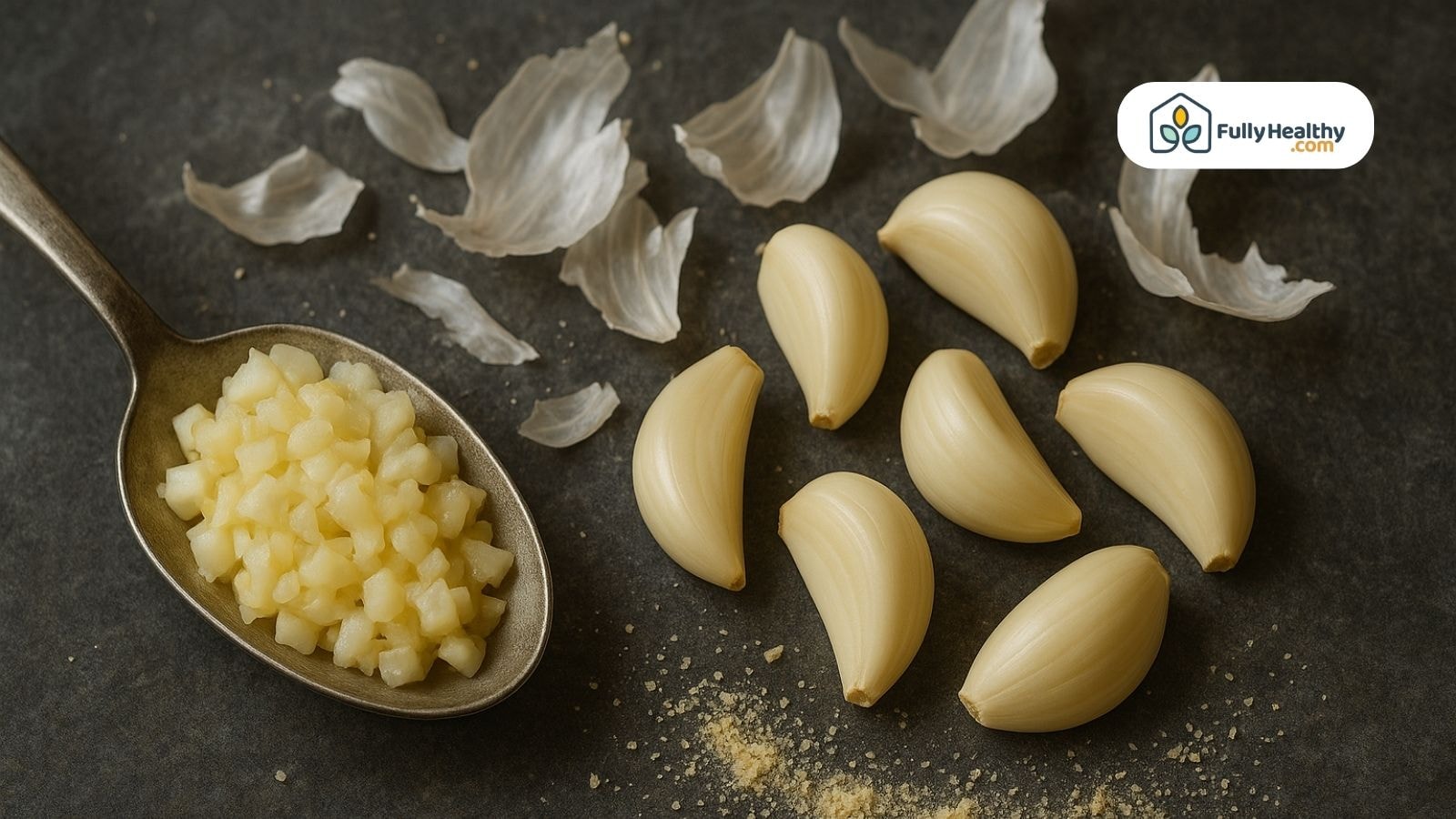 Minced garlic in spoon with peeled garlic cloves and garlic skins