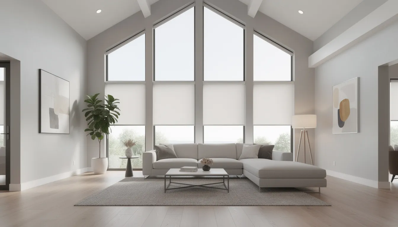A modern living room featuring tall vaulted ceilings and large angled windows, adorned with custom roller shades that allow for natural light control while maintaining privacy. The beige walls complement the spacious design, creating a bright and inviting atmosphere.
