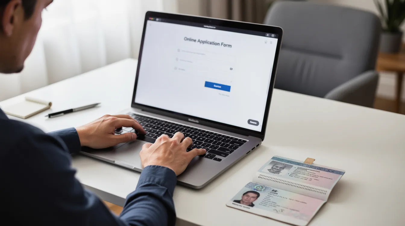 A person is sitting at a desk, focused on filling out an online form on a laptop, with a passport beside them. This scene suggests they are preparing to meet the irish visa requirements for entry into Ireland or planning their travel to Australia.