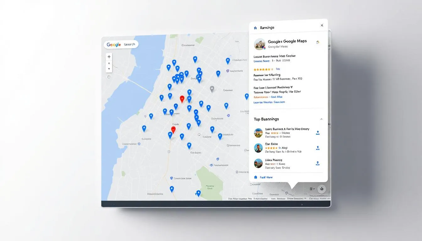 The image displays the Google Maps interface showcasing local business results and rankings, highlighting various business profiles with accurate information, customer reviews, and contact details. Users can discover and connect with businesses, enhancing their visibility and attracting more customers through relevant searches and effective management of their Google business profiles.